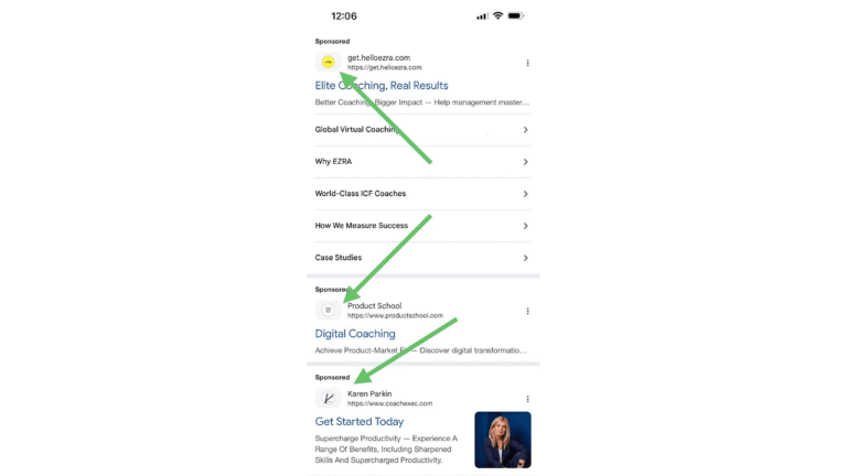 A mobile Google search results page with green arrows highlighting two Google Ads—“Elite Coaching. Real Results” and “Digital Coaching”—within a grey container, plus a profile named Karen Furlin at the bottom. No logos are visible.