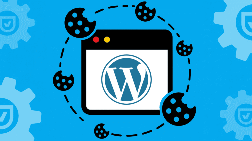 Illustration of a browser window with the WordPress logo in the center, surrounded by black Cookiebot cookie icons on a blue background with gear symbols—perfect for showcasing how to install Cookiebot on WordPress.