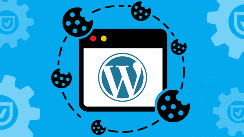 Illustration of a browser window with the WordPress logo in the center, surrounded by black Cookiebot cookie icons on a blue background with gear symbols—perfect for showcasing how to install Cookiebot on WordPress.