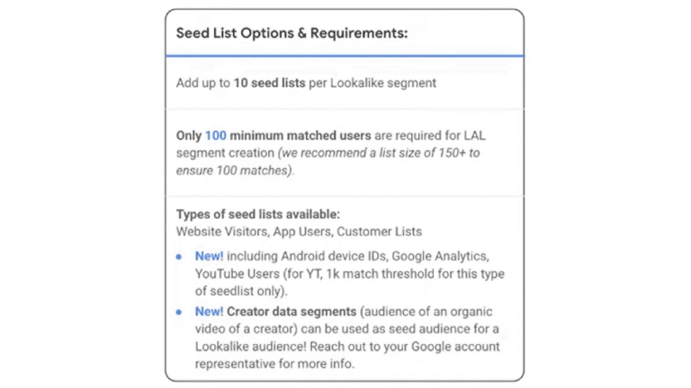 A table titled "Seed List Options & Requirements" explains that up to 10 seed lists per Lookalike Targeting segment are allowed, with at least 100 matched users required. It lists seed list types, including creator data and Cross-Platform Data segments.