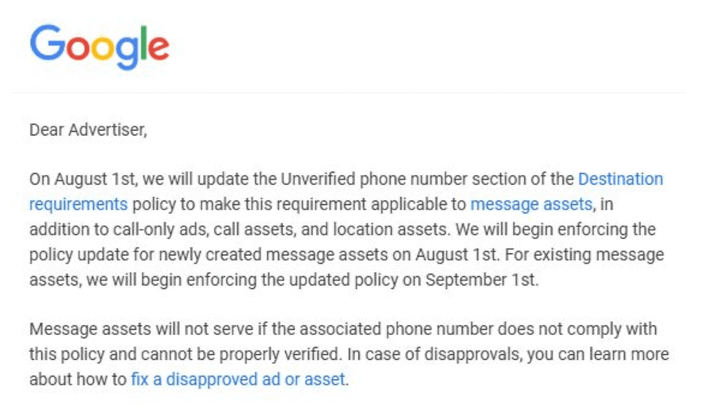 Screenshot of a Google Ads email to advertisers outlining the mandatory phone number verification for message assets starting August 1st, with policy enforcement details and a link to fix disapproved ads or assets included.