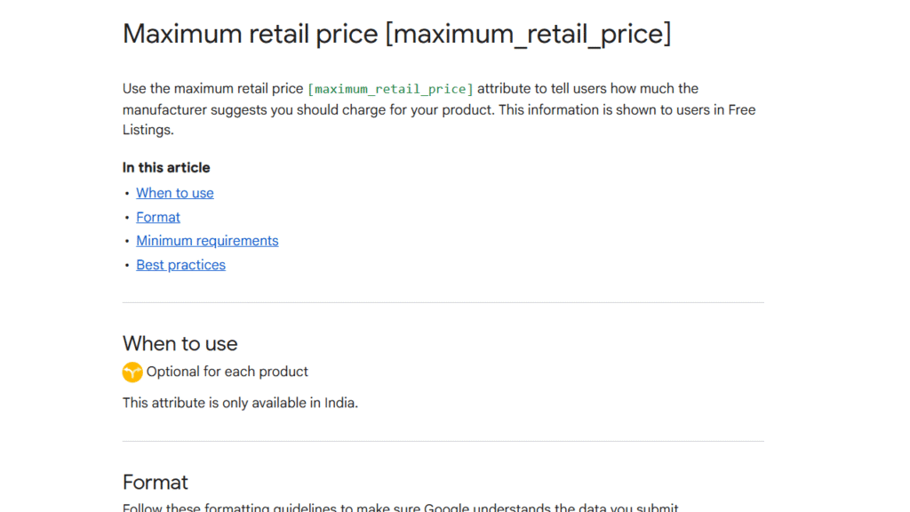 A webpage explains the "maximum retail price" (MRP attribute) for product listings on Google India, with headings, a brief description, related links, and a highlighted note that it's optional and available only for free listings in India.