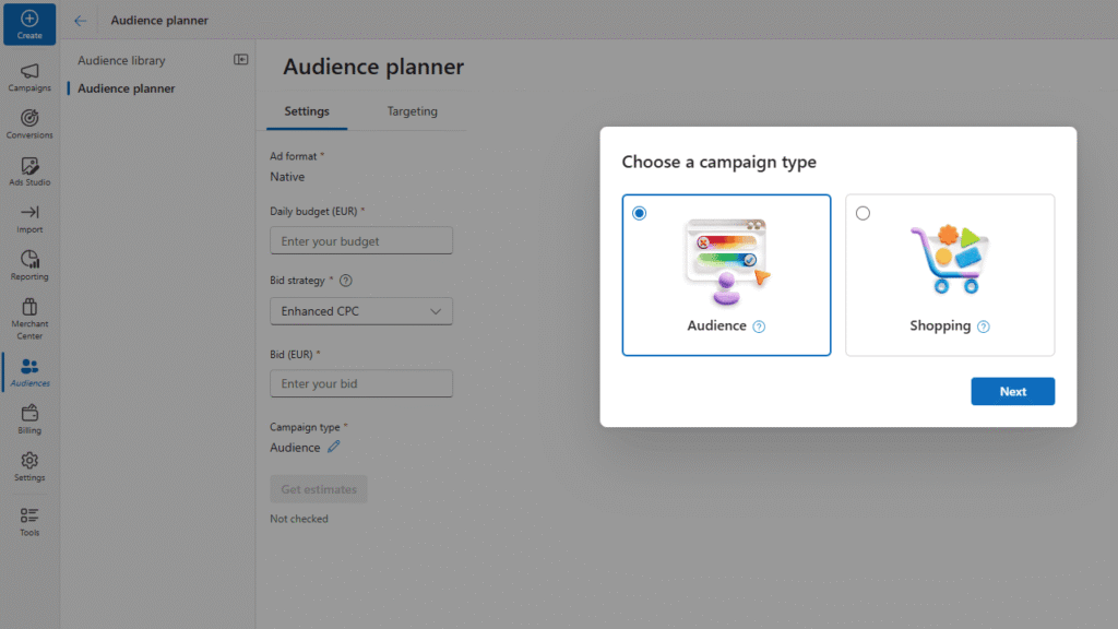 A digital interface displays the Microsoft Advertising Audience Planner tool. A pop-up titled “Choose a campaign type” shows two options: “Audience” (selected, with a webpage graphic) and “Shopping” (with a shopping cart graphic) to boost your reach.