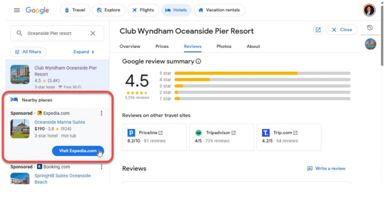 Screenshot of a Google search for "Club Wyndham Oceanside Pier Resort," showing a 4.5-star rating, hotel details, and sponsored listings for nearby places, including Oceanside Marina Suites, highlighted on the left.