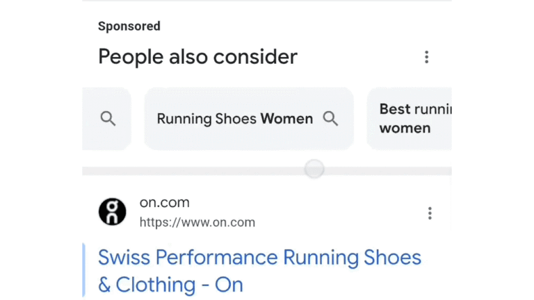 A Google search results page features Google Search Ads, highlighting suggestions like "Running Shoes Women" and "Best running shoes women," along with a Carousel of links, including On’s site for Swiss Performance Running Shoes & Clothing.