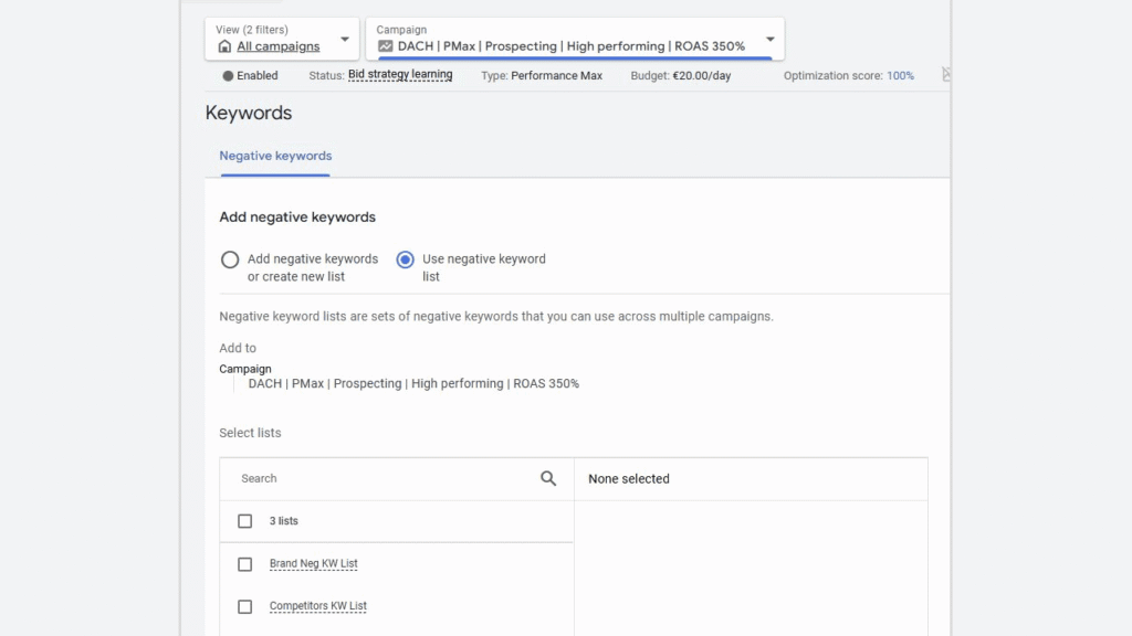 Screenshot of a Google Ads interface in PMAX Accounts, highlighting the "Negative Keywords" section. Options to add or use Negative Keyword Lists are visible, along with a list of keywords to select and add.