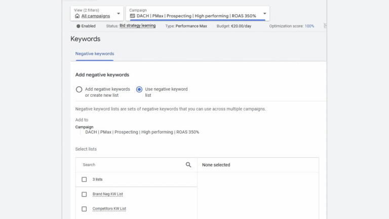 Screenshot of a Google Ads interface in PMAX Accounts, highlighting the "Negative Keywords" section. Options to add or use Negative Keyword Lists are visible, along with a list of keywords to select and add.