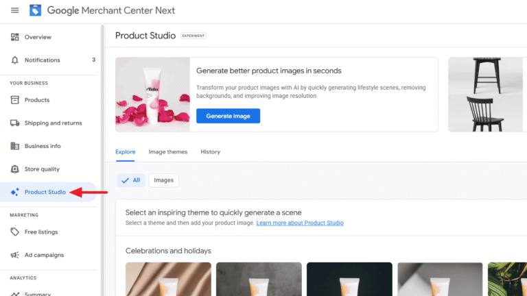Screenshot of Merchant Center Next highlighting the "Product Studio" page. A red arrow points to "Product Studio" in the left menu, while the main area offers tools to generate better product images in seconds.