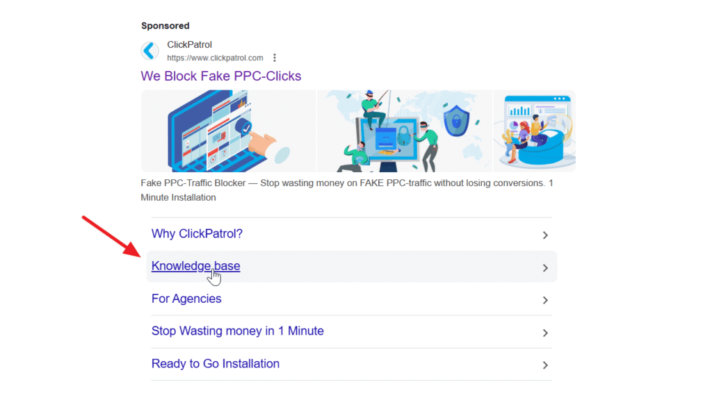 A red arrow points to the "Knowledge base" link in a dropdown menu under a sponsored search result for ClickPatrol, which offers PPC-click blocking services.