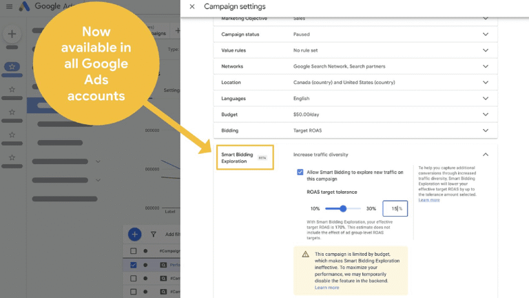 Screenshot of Google Ads Campaign settings, with a yellow circle stating "Now available in all Google Ads accounts" pointing to the "Smart Bidding Exploration" option for tROAS campaigns in the settings menu.