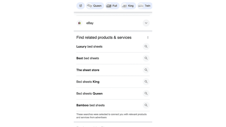 A Google search for “bed sheets” shows related products and services, including a Related Ads Block with luxury bed sheets, best bed sheets, the sheet store, bed sheets King, Queen sizes, and bamboo bed sheets on eBay.