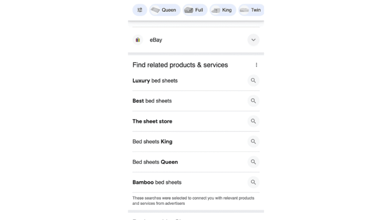 A Google search for “bed sheets” shows related products and services, including a Related Ads Block with luxury bed sheets, best bed sheets, the sheet store, bed sheets King, Queen sizes, and bamboo bed sheets on eBay.