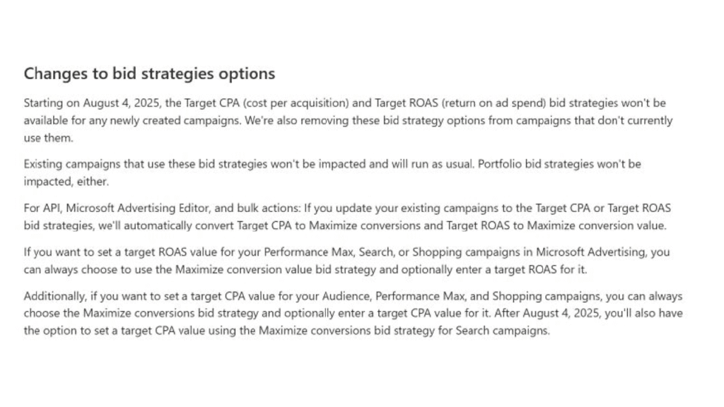 Screenshot of a Microsoft Ads announcement about changes to bid strategies—TCPA and TROAS will be unavailable for new campaigns after August 4, 2025—with details on available options and impacts for advertisers.