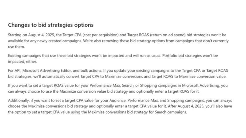 Screenshot of a Microsoft Ads announcement about changes to bid strategies—TCPA and TROAS will be unavailable for new campaigns after August 4, 2025—with details on available options and impacts for advertisers.