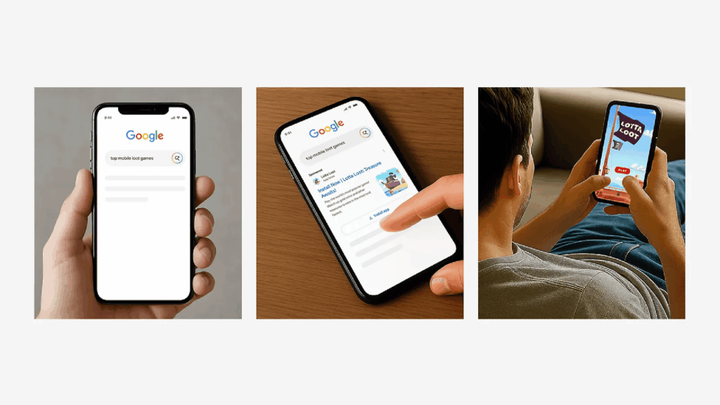 Three images: a hand holding a smartphone with Google search open, a hand tapping the Google login screen on a phone, and a person using a phone displaying a lottery or game app—showcasing how an iOS app campaign can boost performance.