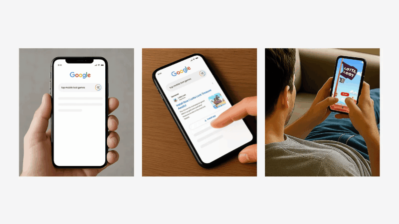 Three images: a hand holding a smartphone with Google search open, a hand tapping the Google login screen on a phone, and a person using a phone displaying a lottery or game app—showcasing how an iOS app campaign can boost performance.