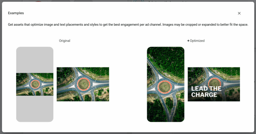 A comparison shows an original aerial photo of a roundabout on a gray vertical phone screen, and an optimized Image Ads version with enhanced colors, text reading "LEAD THE CHARGE," and adaptive layouts for better ad engagement in Demand Gen.