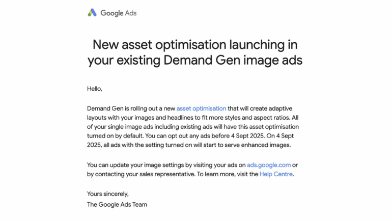 A Google Ads email announces new asset optimization for Demand Gen Single-Image Ads, detailing adaptive layouts, image and headline updates, and a settings deadline of 4 September 2025 for enhanced ad performance.