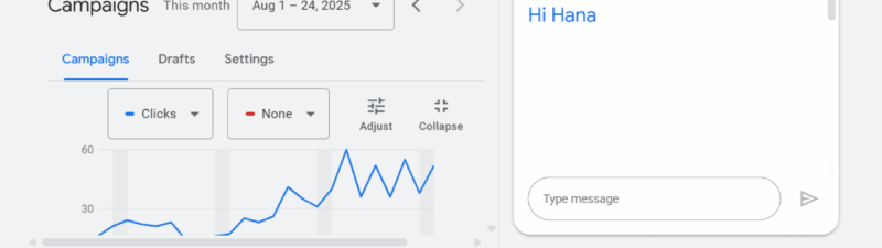 A Google Ads dashboard features an arrow pointing to the "Ads Advisor" tab. On the right, a Google Chat window opens with "Hi Hana" and privacy notices above. Campaign data and a graph appear on the left.