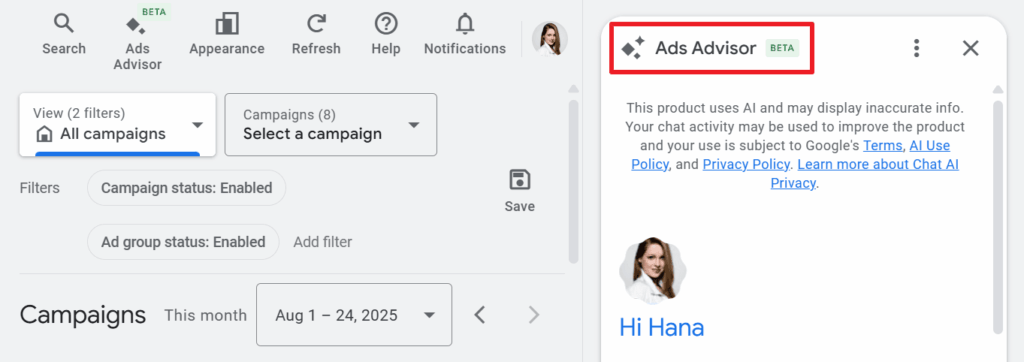 Google Ads dashboard featuring the "Ads Advisor" Beta. The left panel displays campaign filters and a date range, while the right shows a welcome message and user profile photo. "Google Ads Advisor" is highlighted in red for easy access.