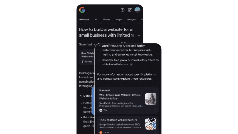 Two overlapping smartphone screens display Google search results for "How to build a website for a small business with limited resources," featuring website builders, SEO tips, and advice for marketers looking to create an effective site.