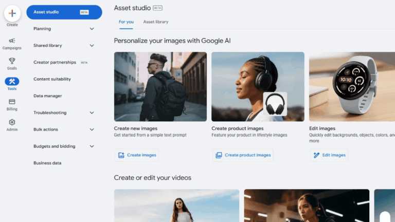 A screenshot of the Google Ads interface displaying the Asset Studio section, where users can create new images with AI, design product visuals, and edit existing images. The Google Ads navigation menus are clearly visible on the left.