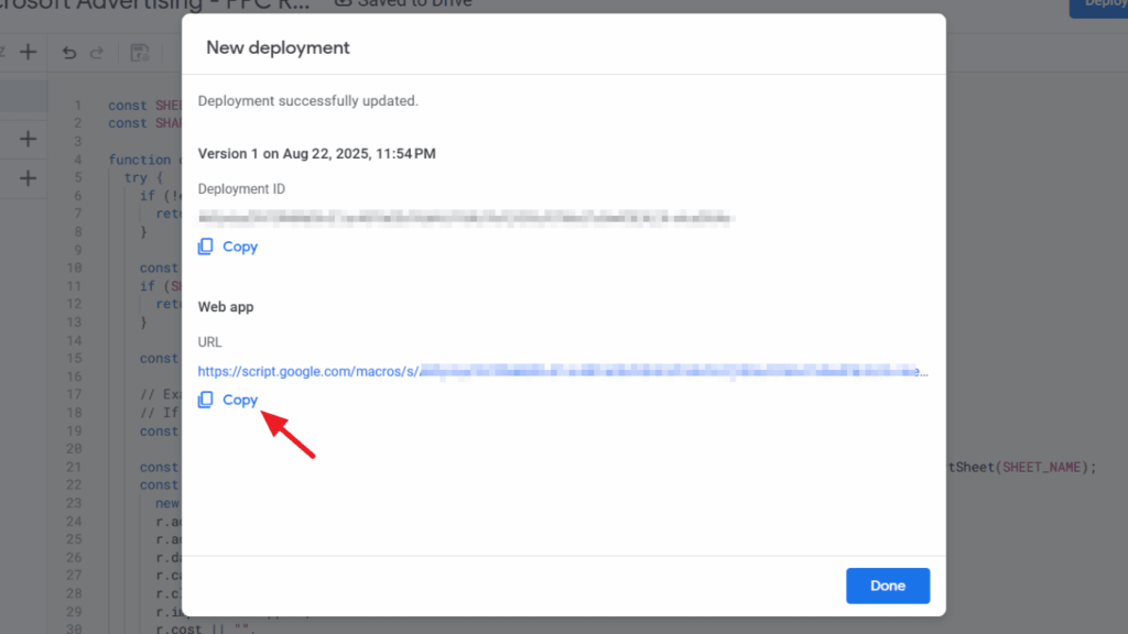 A dialog box titled "New deployment" shows details of a Google Apps Script deployment, including a URL with a "Copy" link highlighted by a red arrow. The background shows blurred code, suggesting integration with the Google Sheets Connector.