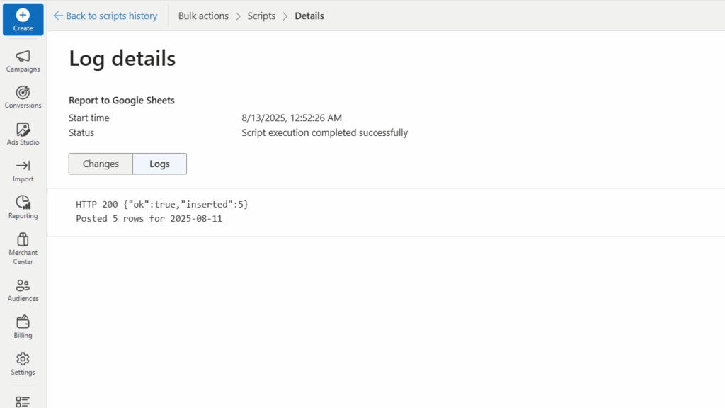 A screenshot of a "Log details" page shows a successful script execution using the Google Sheets Connector, reporting 5 rows posted on 2025-08-11. A success status message appears, with various menu options visible on the left.