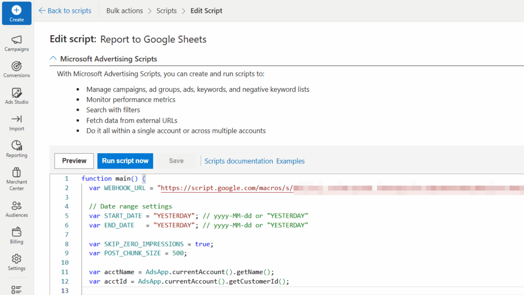 A screenshot shows the "Edit script" page in Microsoft Advertising Scripts, with code using the Google Sheets Connector to send ad data. The interface displays navigation panels and script management buttons for streamlined workflow.