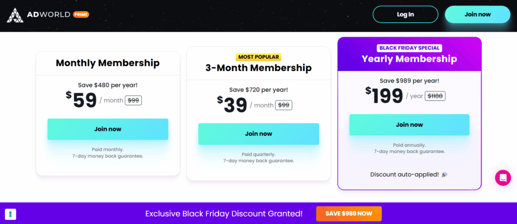 Three AdWorld membership plans for PPC marketers: Monthly at $59/month, 3-Month at $39/month (most popular), and Yearly at $199/year (Black Friday Deals). Each features a Join Now button and a money-back guarantee.