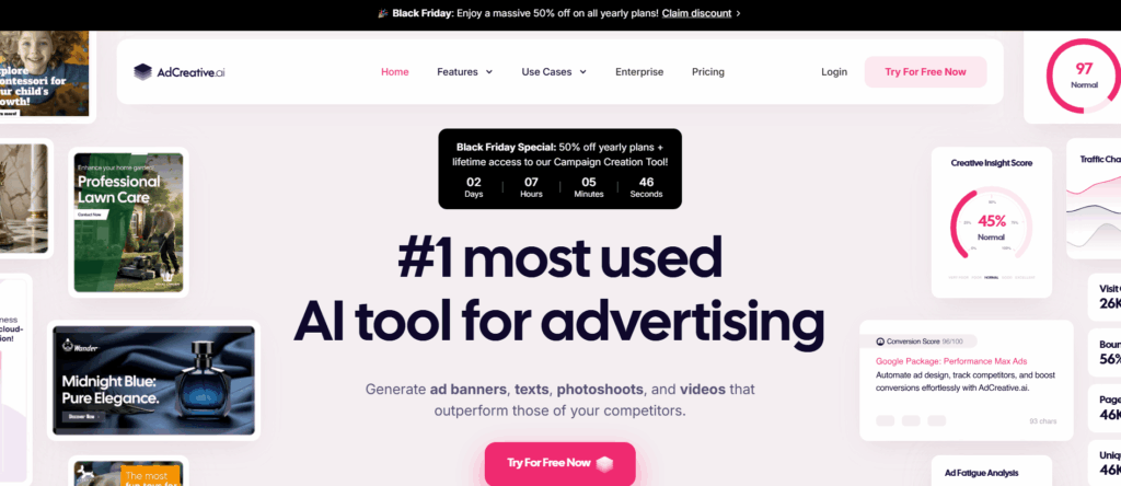Screenshot of AdCreative.ai’s homepage, highlighting Black Friday Deals with 50% off yearly plans, a countdown timer, and the headline “#1 most used AI tool for PPC marketers.” Navigation and various ad design examples are visible.