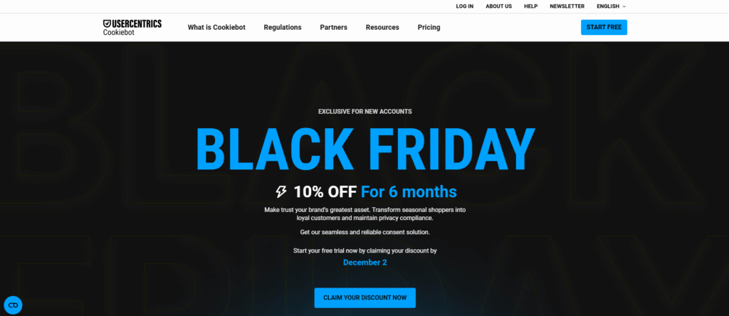 A website banner advertises Black Friday Deals: “10% OFF for 6 months” on new accounts, perfect for PPC Marketers. A button lets users claim the discount by December 2. The site menu and a “START FREE” button appear at the top.