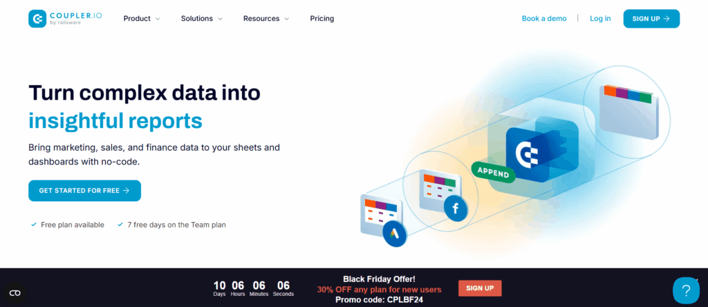 Coupler.io homepage showing a headline "Turn complex data into insightful reports" with a data flow graphic, navigation menu, call-to-action buttons, and a Black Friday Deals promo banner—perfect for PPC Marketers seeking actionable insights.