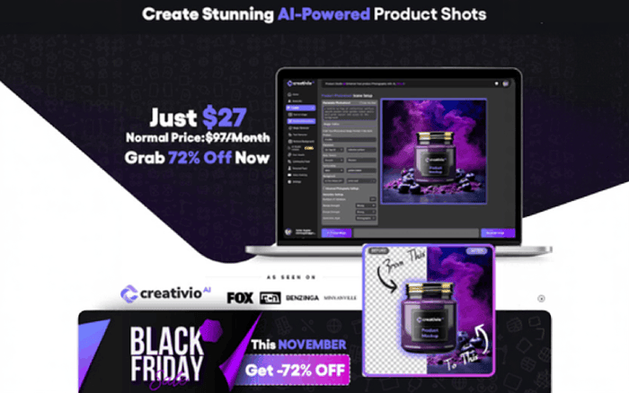 A promotional banner for Creativio AI features a laptop displaying an AI product shot editor, a jar with a purple theme, and bold text promoting Black Friday Deals—$27 special offer, 72% off—perfect for PPC Marketers this November.