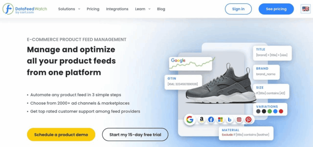Screenshot of DataFeedWatch's website showcasing e-commerce product feed management features—perfect for PPC Marketers—with highlighted shoe attributes like title, brand, price, size, color, material, and GTIN. Buttons invite a product demo and free trial.
