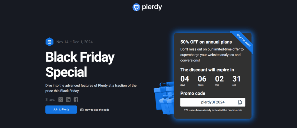 A Black Friday Special promotion from Plerdy offers 50% off annual plans for PPC Marketers, with a countdown timer, promo code "plerdyBF2024," and a blue button to join. Blue gift boxes highlight the exclusive Black Friday Deals in the background.