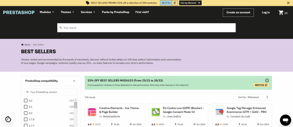 Screenshot of the PrestaShop addons marketplace featuring Black Friday Deals, a "Best Sellers" section, a 15% off banner on selected modules, and bestselling modules with descriptions and prices—ideal for PPC Marketers seeking top-value tools.