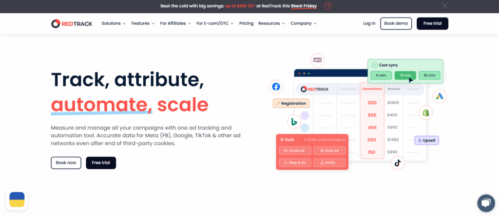Screenshot of the RedTrack website homepage. Headline reads "Track, attribute, automate, scale." Buttons for "Book demo" and "Free trial" are visible—ideal for PPC Marketers seeking campaign tracking insights and Black Friday Deals analysis.