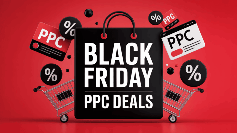 A shopping bag with "Black Friday PPC Deals" text is surrounded by shopping carts, percent signs, and PPC cards on a red background, highlighting exclusive Black Friday Deals for PPC marketers.