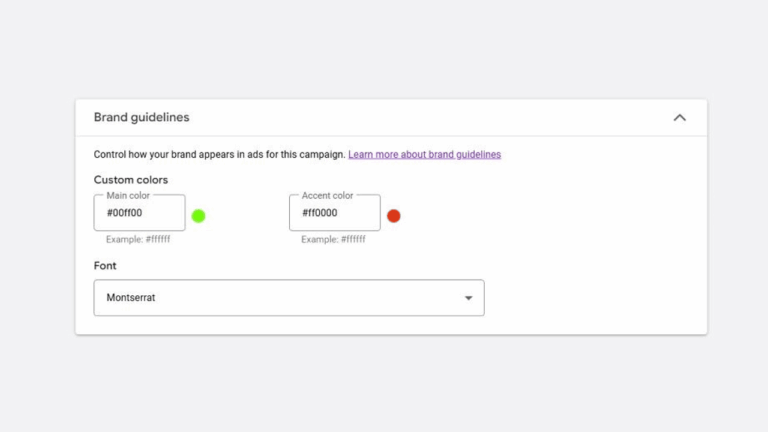 A user interface displays Brand Guidelines settings, including fields for main color (#00ff00, green), accent color (#ff0000, red), and a dropdown menu selecting the Montserrat font for Demand Gen Campaigns.