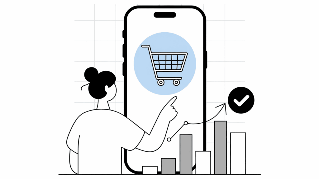 Illustration of a person touching a large smartphone screen with a shopping cart icon, a rising bar chart, and a checkmark, symbolizing online shopping and business growth.