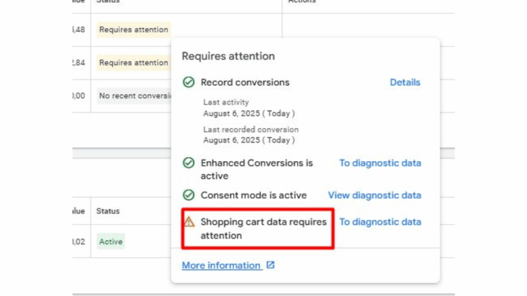 Popup window with status updates for Shopping Ads, showing green check marks for "Record conversions," "Enhanced Conversions," and "Consent mode is active." A red warning alerts: "Shopping cart data Match Issue requires attention.
