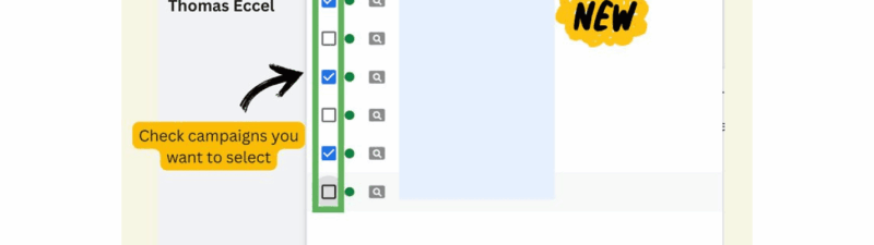 Screenshot of a Google Ads interface update showing checkboxes next to campaigns for filtering. A highlighted note says "Checkboxes as Filters - Practical update" with instructions to check campaigns to select them.