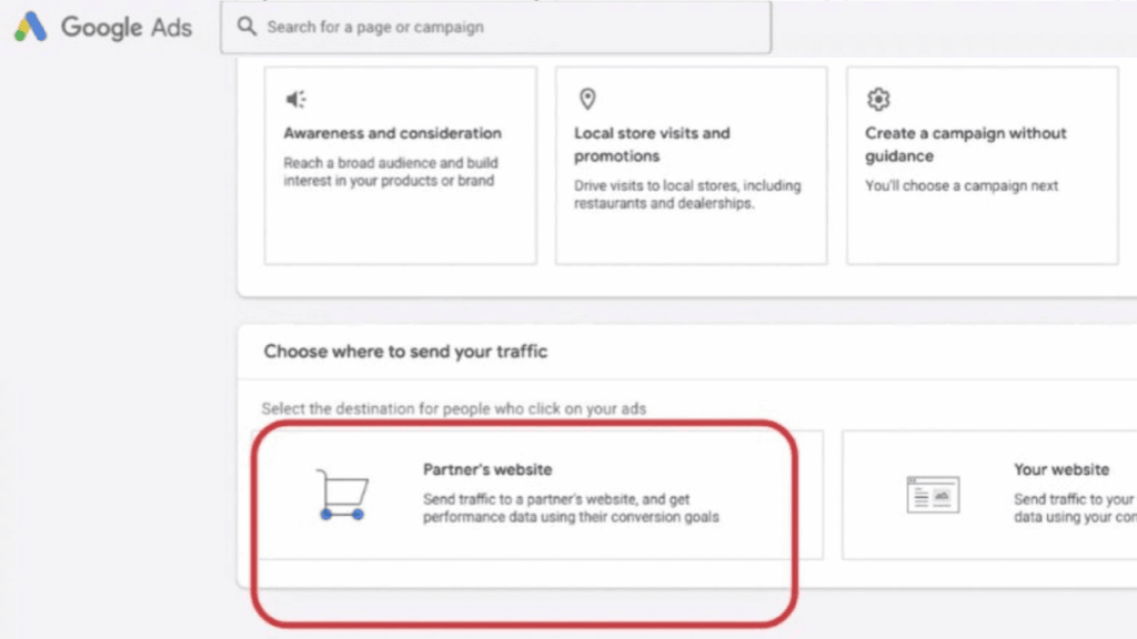 Screenshot of the Google Ads dashboard showing options for sending ad traffic, with “Partner’s website” highlighted in red, indicating selection to send traffic to a partner’s site using Commerce Media Suite for performance tracking.