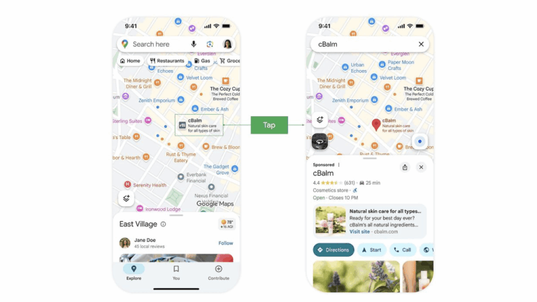 Side-by-side screenshots of a mobile map app: the left shows a search bar and map view, while the right highlights Google Maps targeting with a search for "cBalm," showing location details, hours, and options for directions and sharing.