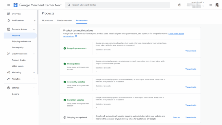 Screenshot of the Google Merchant Center Next dashboard displaying the Products section, highlighting automatic improvements such as image, price, availability, and condition updates, along with their automation options.