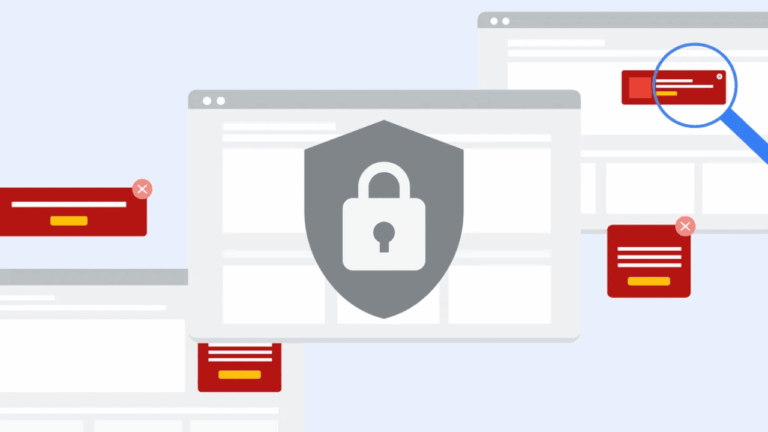 Illustration of computer browser windows with a large shield and padlock symbol in the center, representing online security; warning pop-up messages, a magnifying glass, and references to AI-powered Invalid Traffic Detection for Google Ads are also visible.