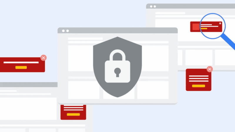 Illustration of computer browser windows with a large shield and padlock symbol in the center, representing online security; warning pop-up messages, a magnifying glass, and references to AI-powered Invalid Traffic Detection for Google Ads are also visible.