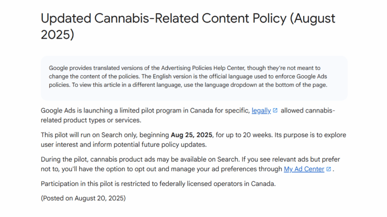 Screenshot of a Google Ads policy update on Cannabis Ads, outlining a pilot program in Canada starting August 25, 2025, with restrictions for Google Search and a link to manage ad settings.
