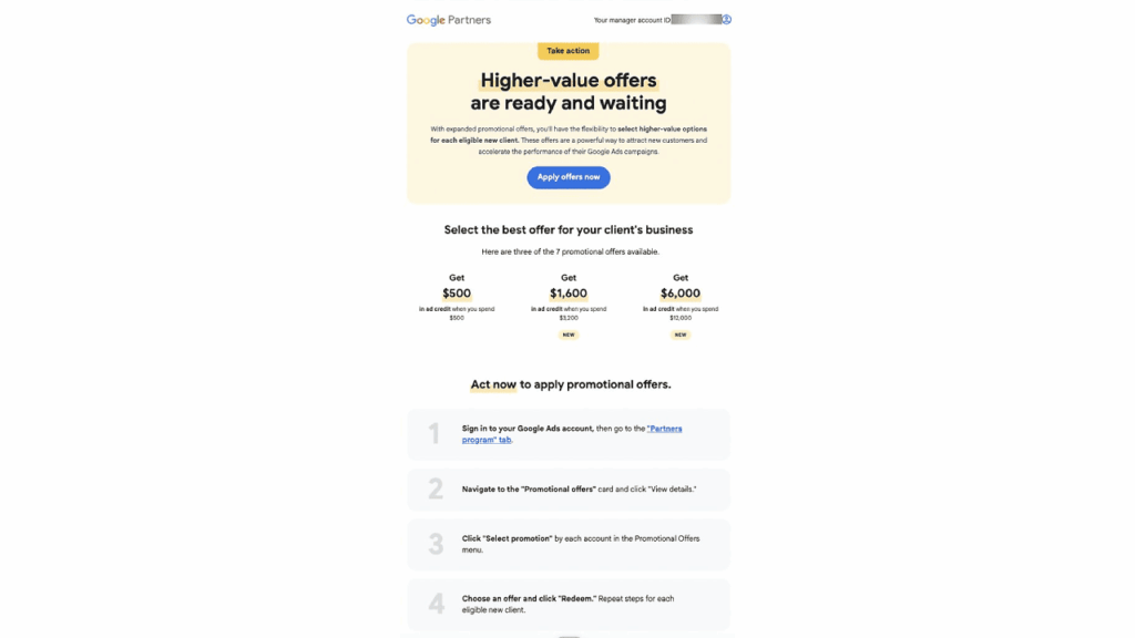 A Google Partners webpage with a yellow banner stating "Higher-value offers are ready and waiting," featuring High-Value Promotions and promotional credits of $500, $1,400, and $4,000, plus four simple steps to apply the offers to your account.